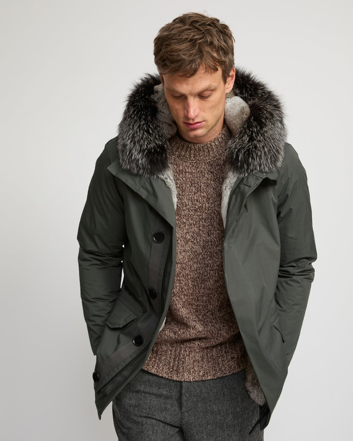 Short iconic parka in waterproof cotton blend with fox and rabbit fur