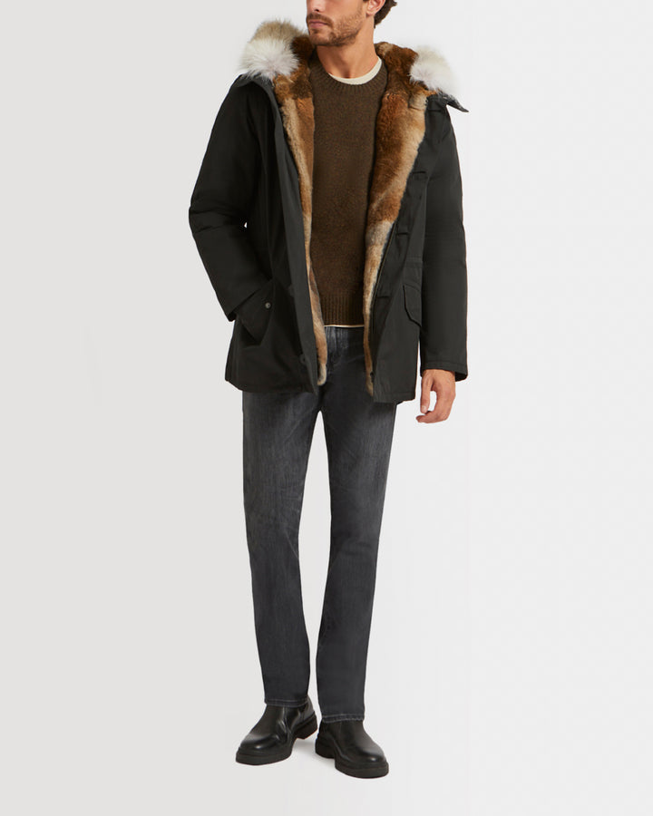 Short Iconic parka in technical cotton and coyote and rabbit fur