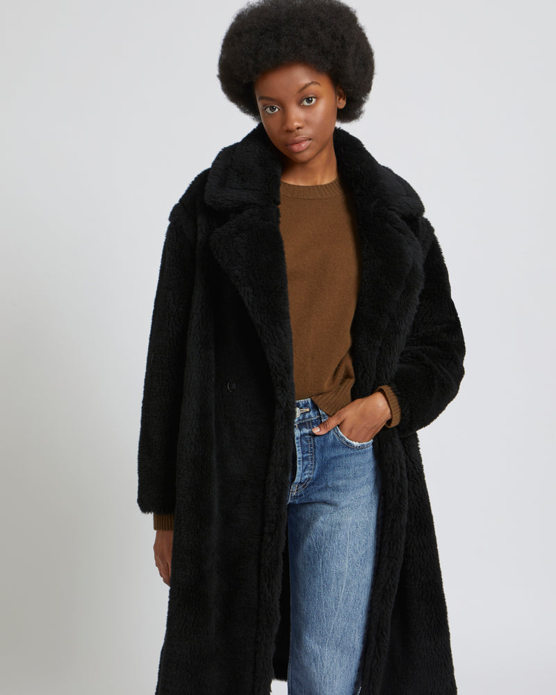 Maxi coat in natural woven wool - black - Yves Salomon – Yves Salomon US