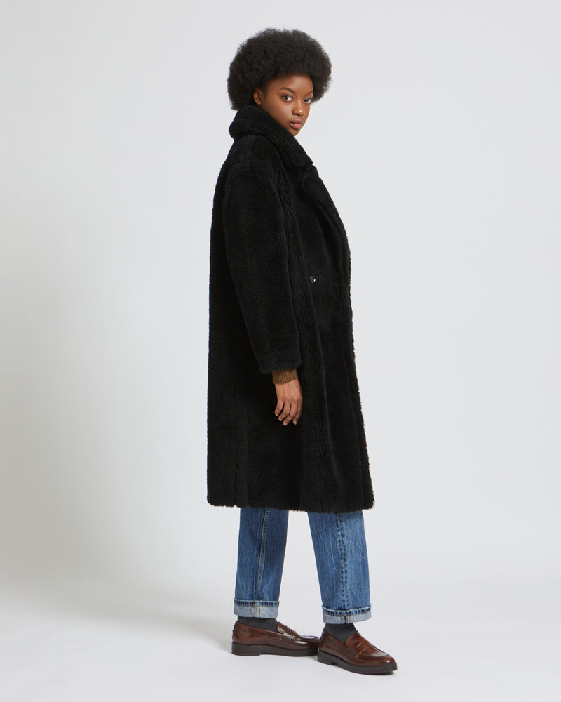 Maxi coat in natural woven wool - black - Yves Salomon – Yves Salomon US