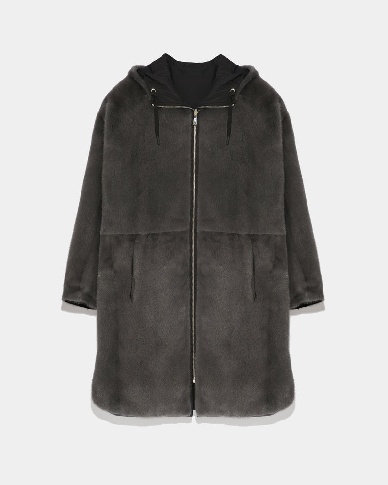 Long reversible coat in mink fur and technical fabric - black - Yves Salomon