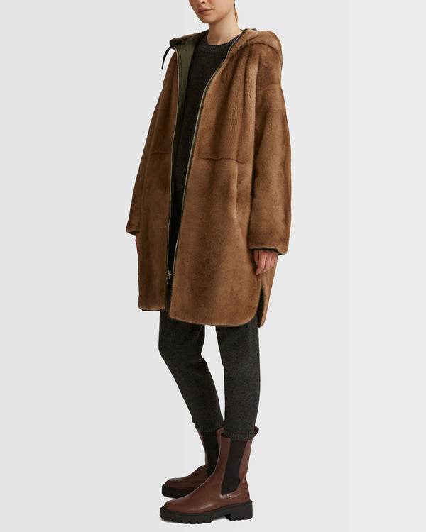 Long reversible parka in technical fabric and mink fur