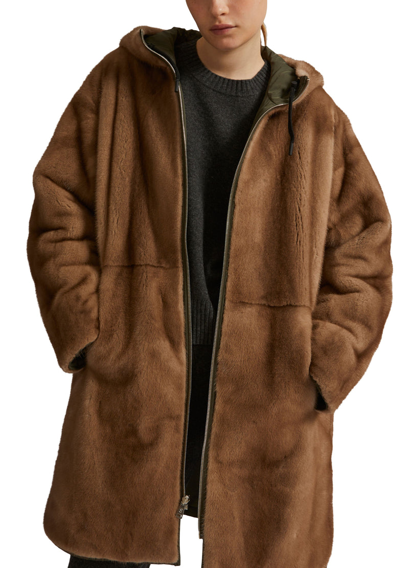 Long reversible coat in mink fur and technical fabric