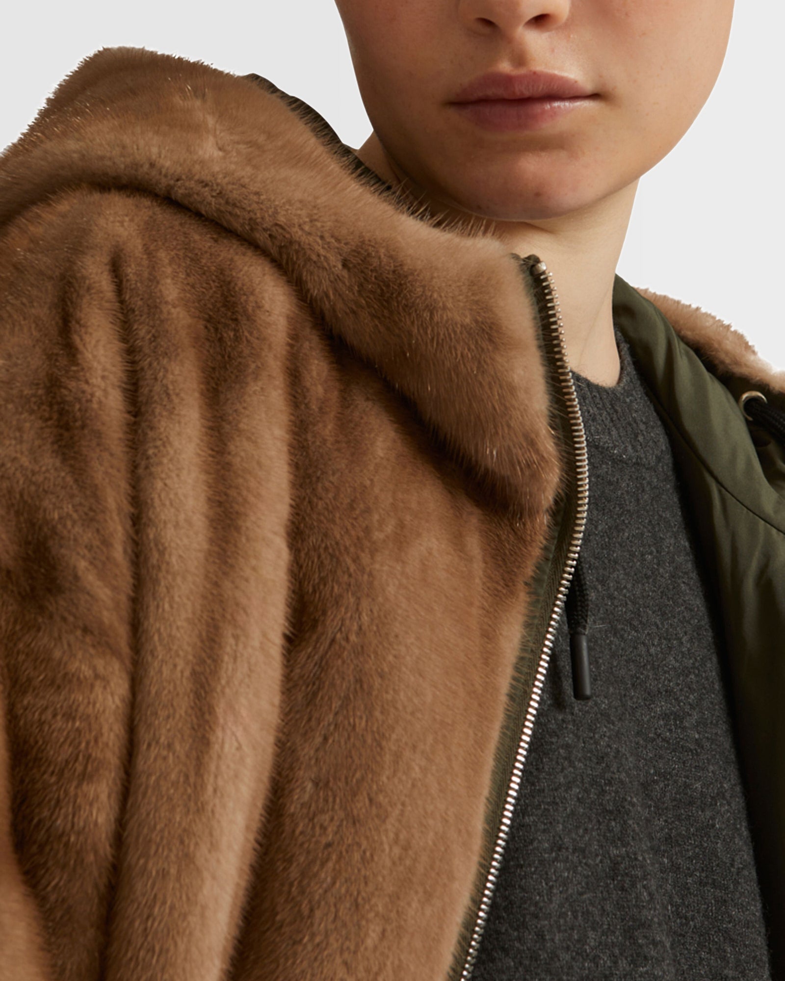 Long reversible coat in mink fur - khaki - Yves Salomon