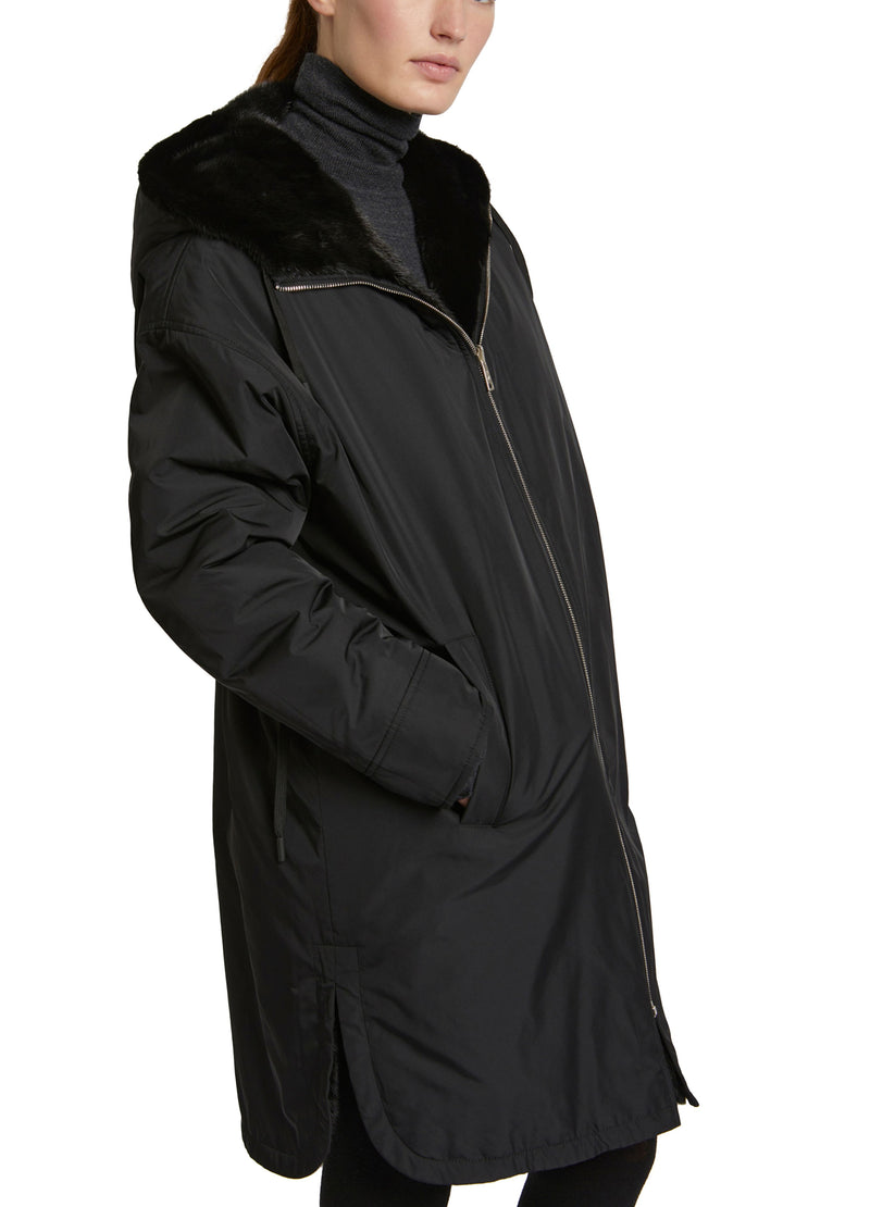 Long reversible coat in mink fur and technical fabric