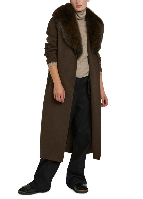 Long cashmere wool coat with fox fur collar