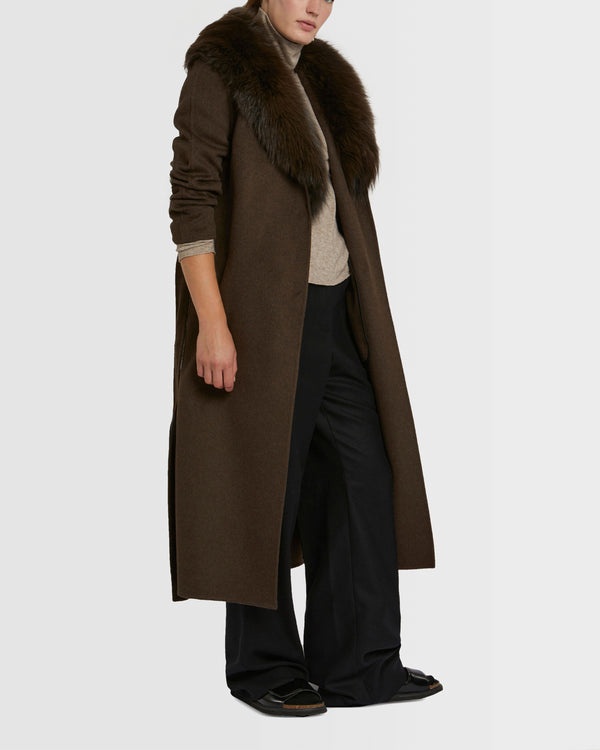 Long cashmere wool coat with fox fur collar