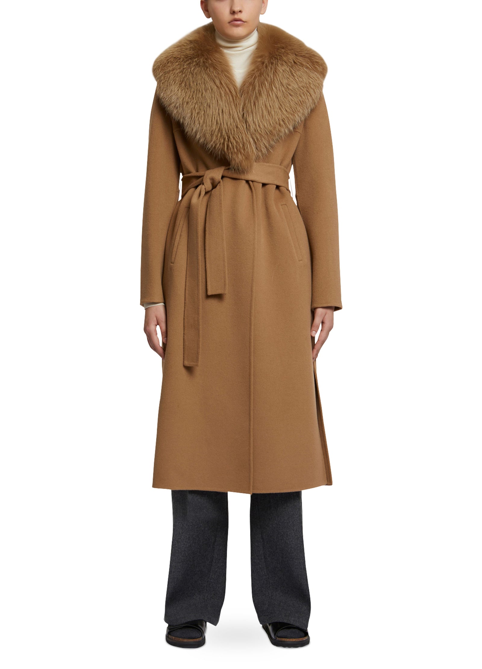 Long cashmere coat with fox fur collar - camel - Yves Salomon - Women –  Yves Salomon US