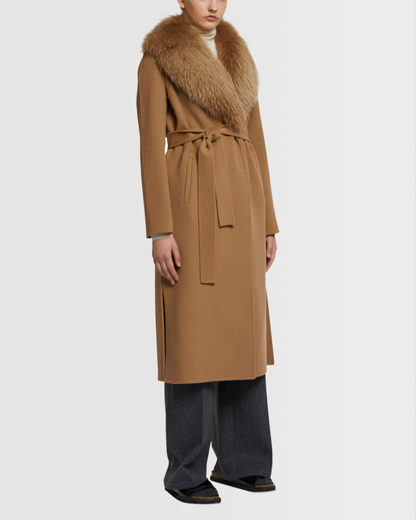 Long cashmere wool coat with fox fur collar