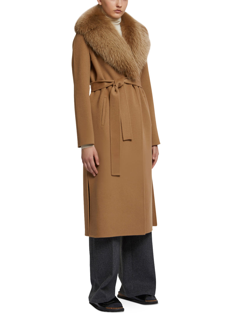 Long cashmere wool coat with fox fur collar