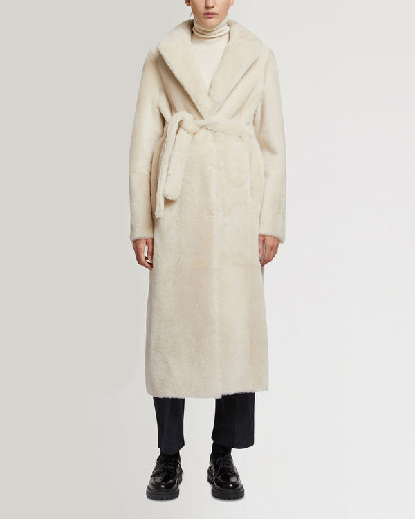 Long reversible belted shearling coat