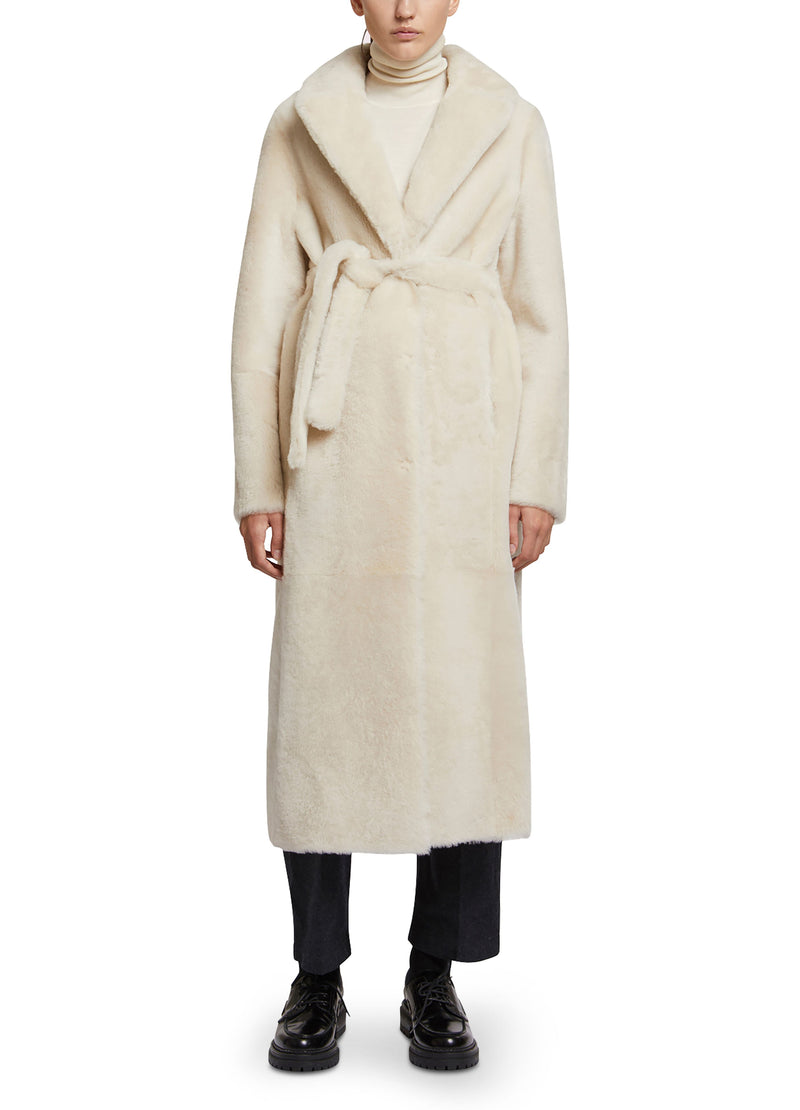 Long reversible belted shearling coat