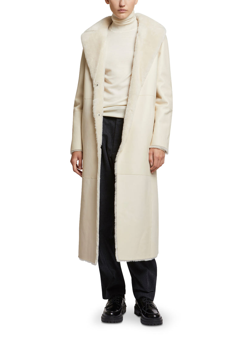 Long reversible belted shearling coat