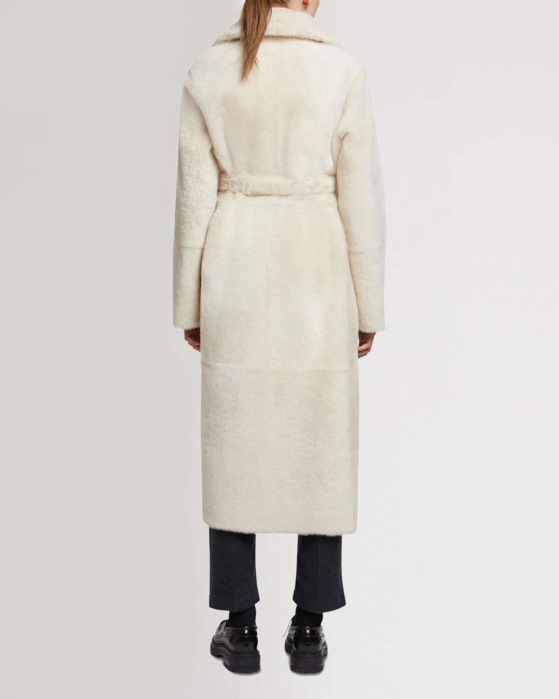 Long reversible belted shearling coat