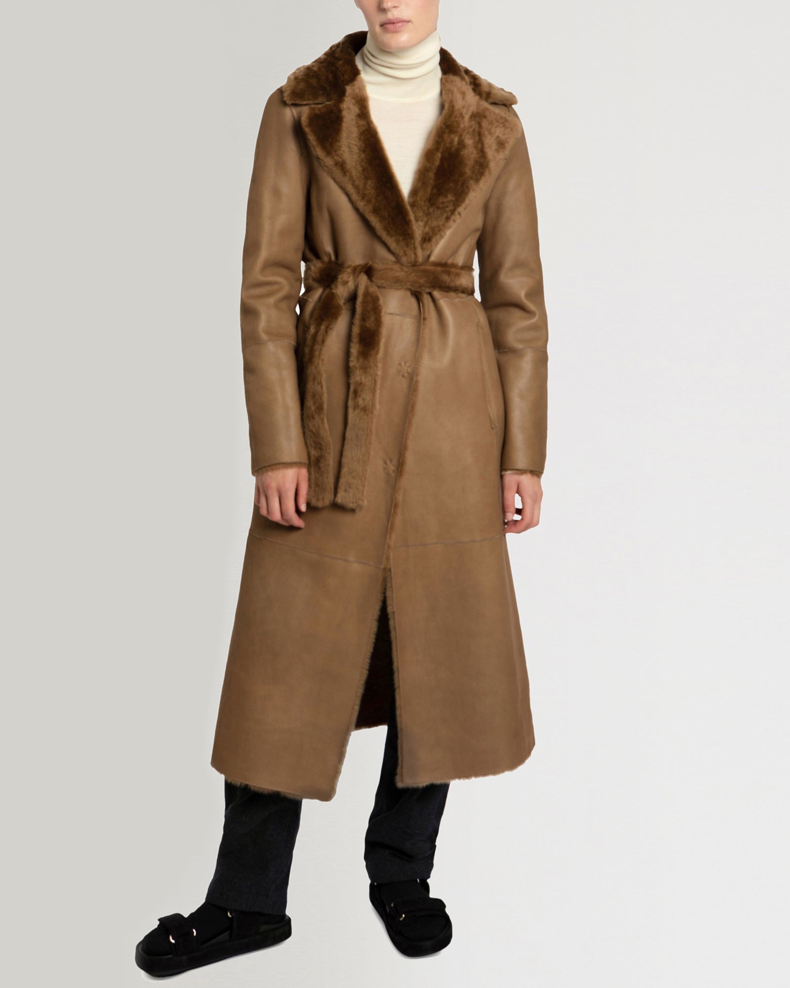 Long reversible belted shearling coat - camel - Yves Salomon Long reversible belted shearling coat - camel - Yves Salomon