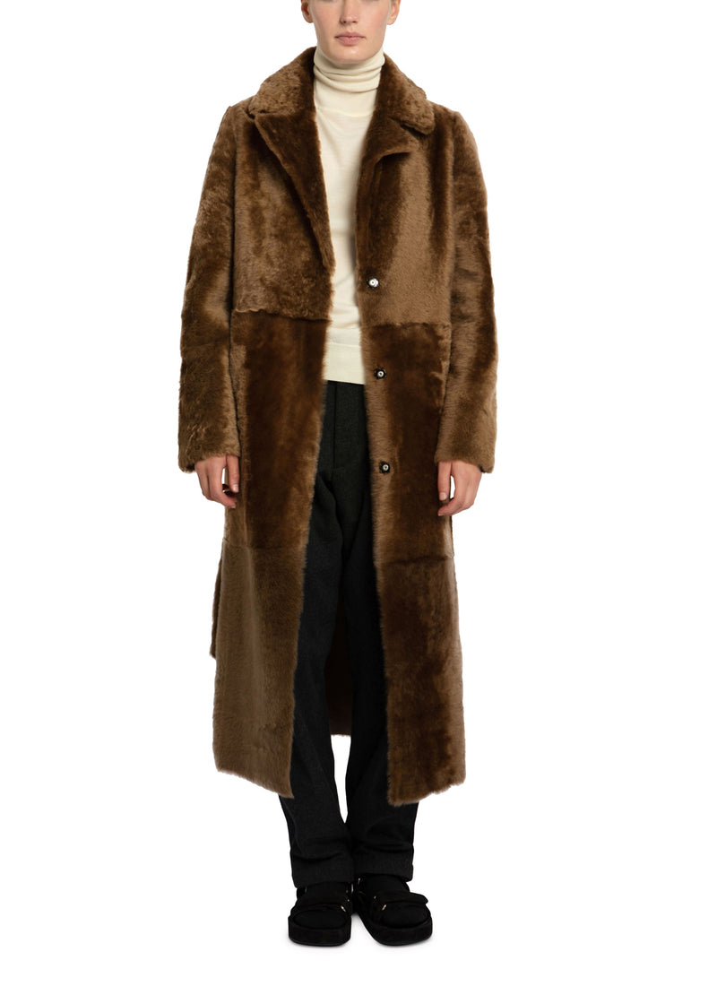 Long reversible belted shearling coat