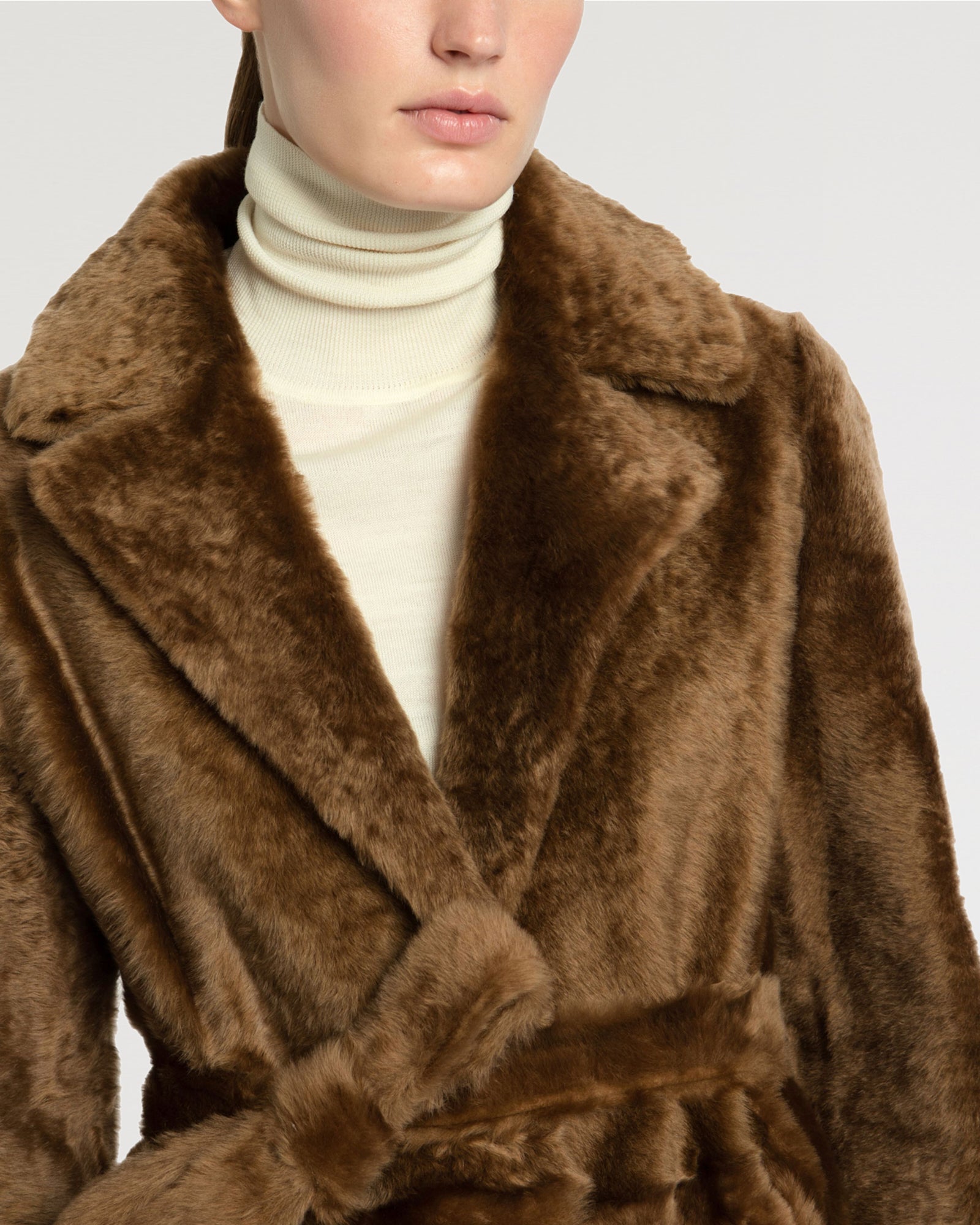 Long reversible belted shearling coat - camel - Yves Salomon