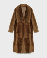 Long reversible belted shearling coat