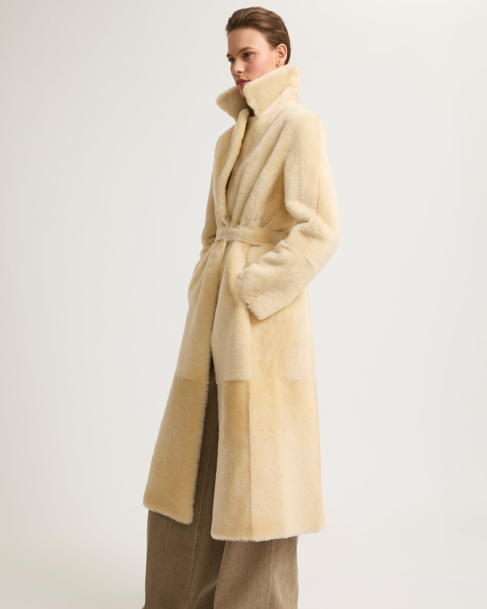 Long reversible belted shearling coat