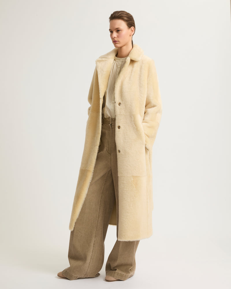 Long reversible belted shearling coat - white - Yves Salomon