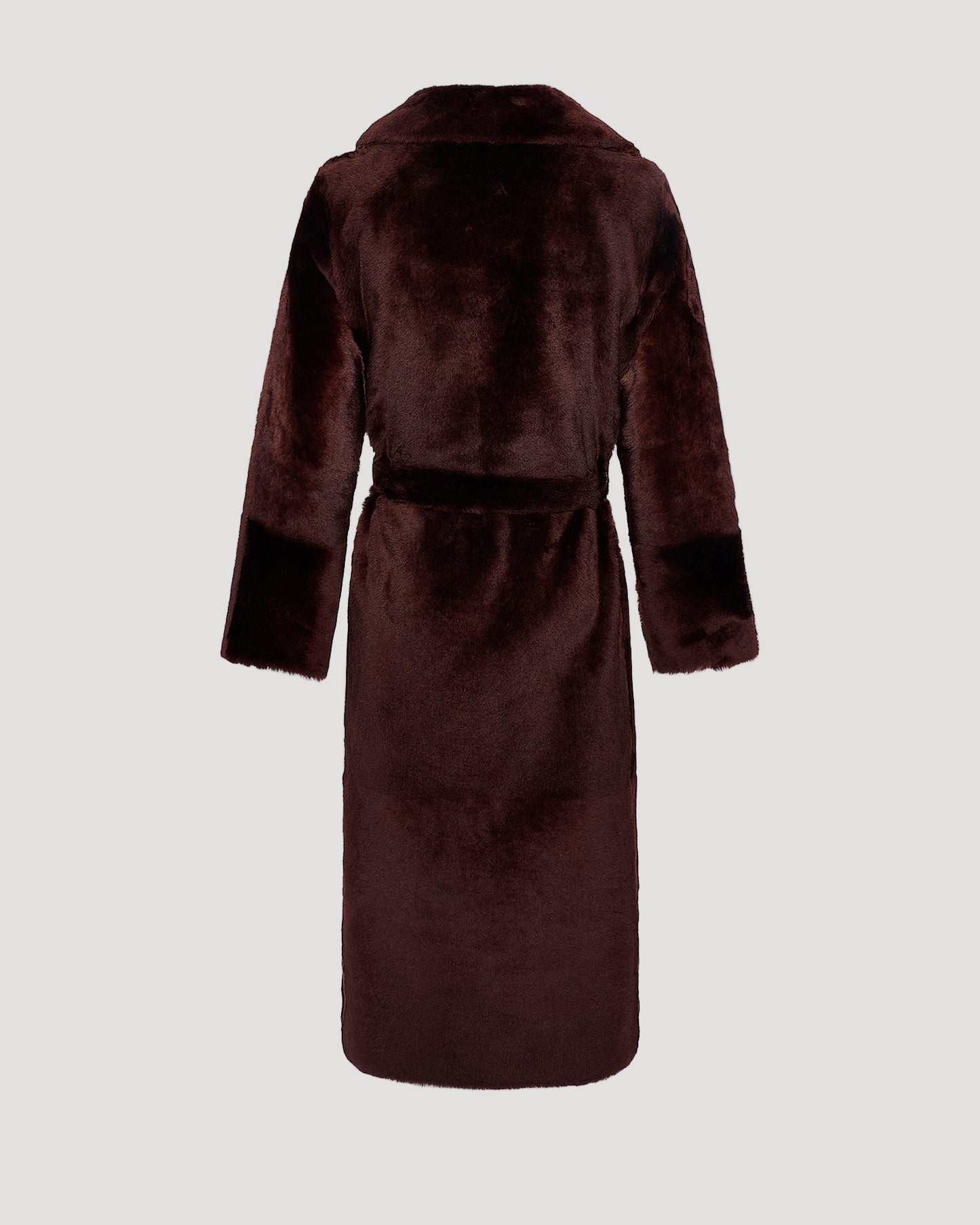 Long reversible belted shearling coat