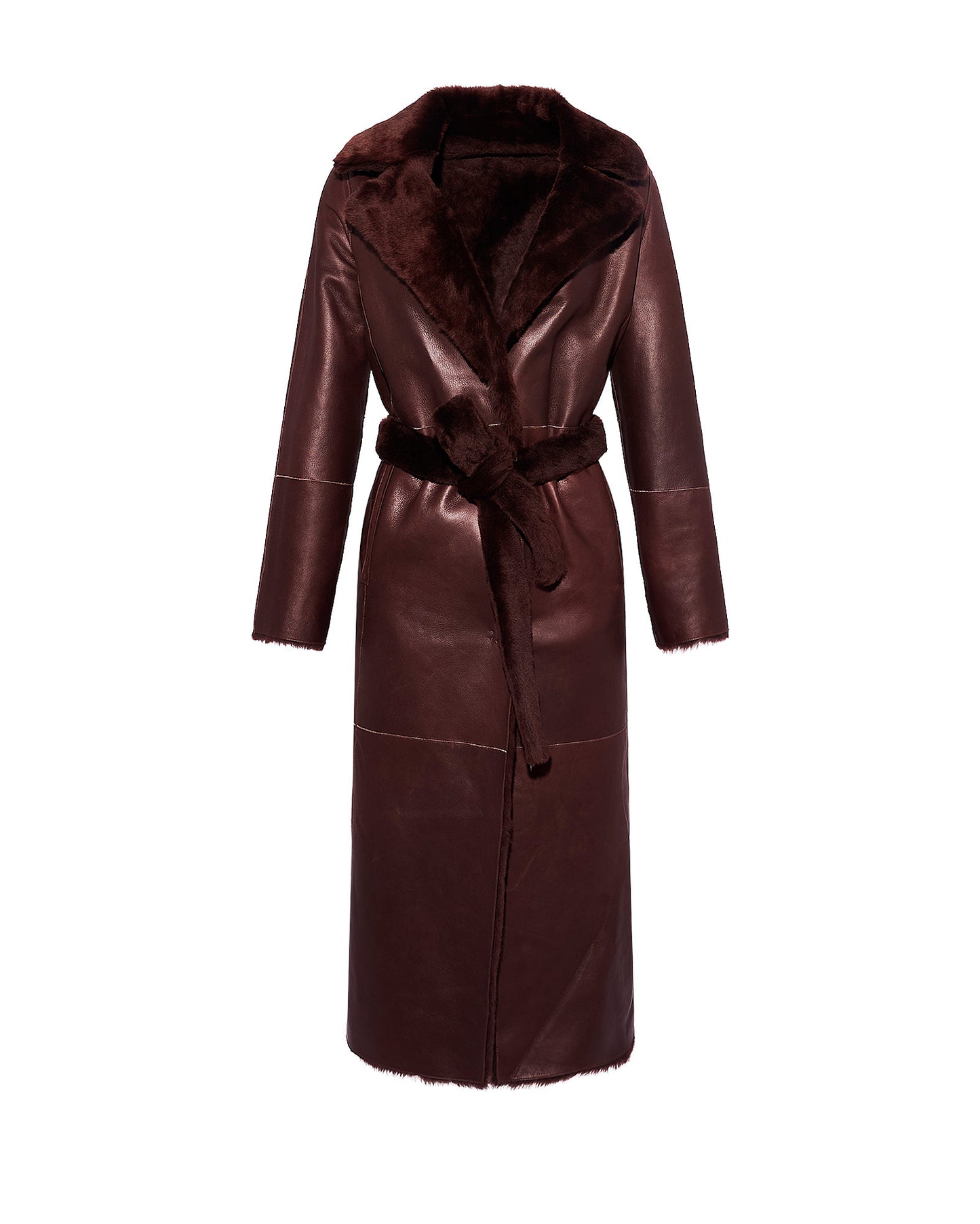 Long reversible belted shearling coat