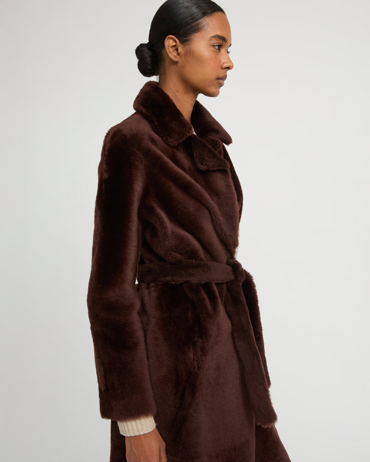 Long reversible belted shearling coat