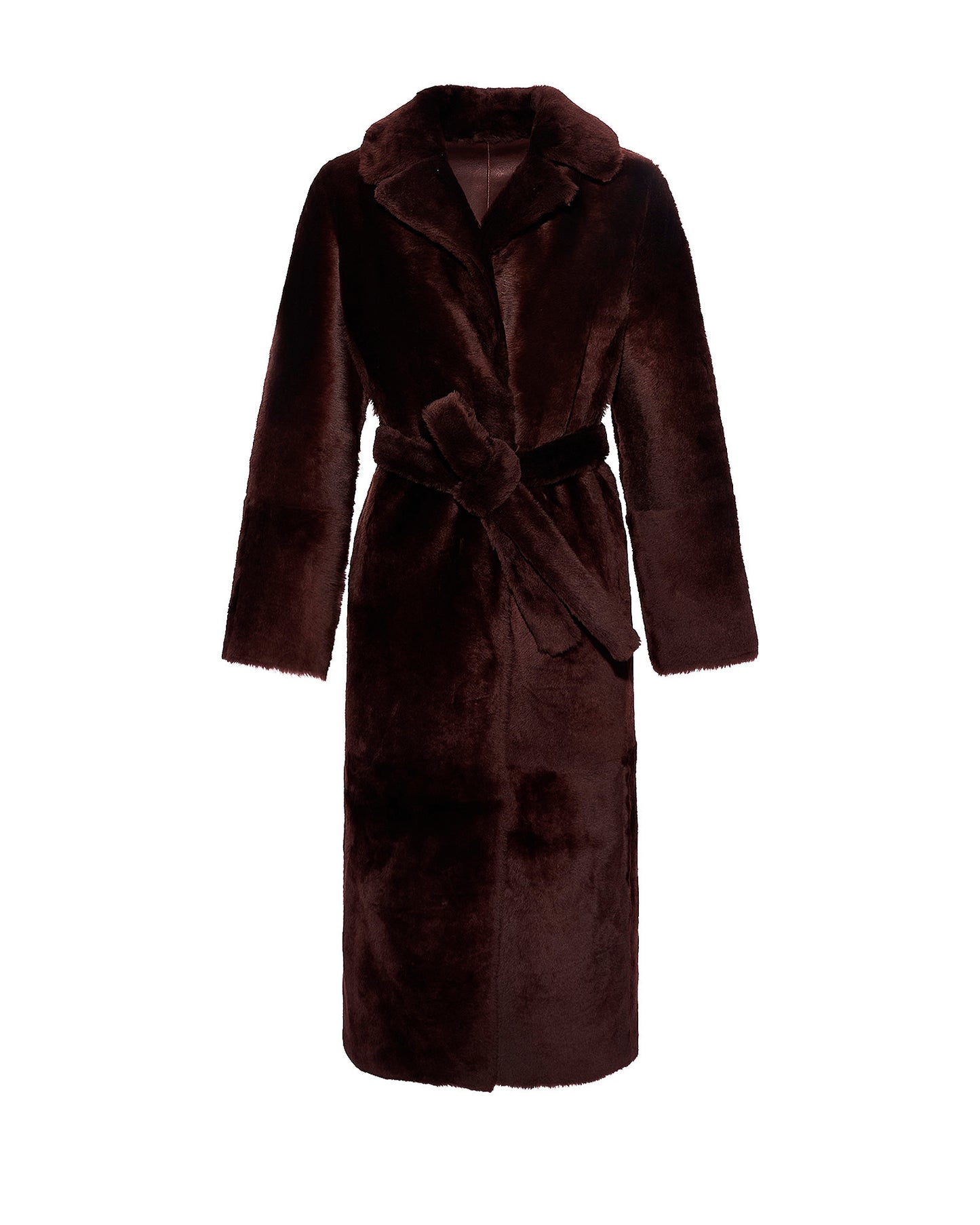 Long reversible belted shearling coat