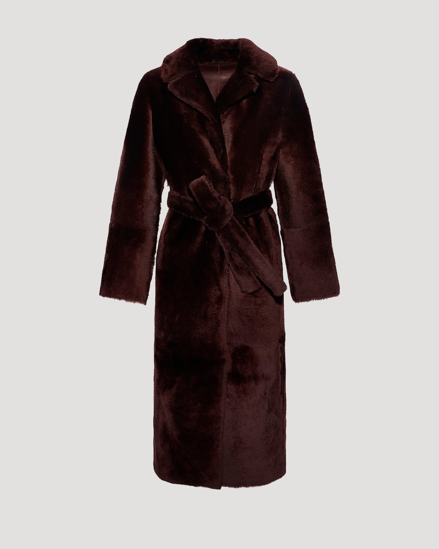 Long reversible belted shearling coat