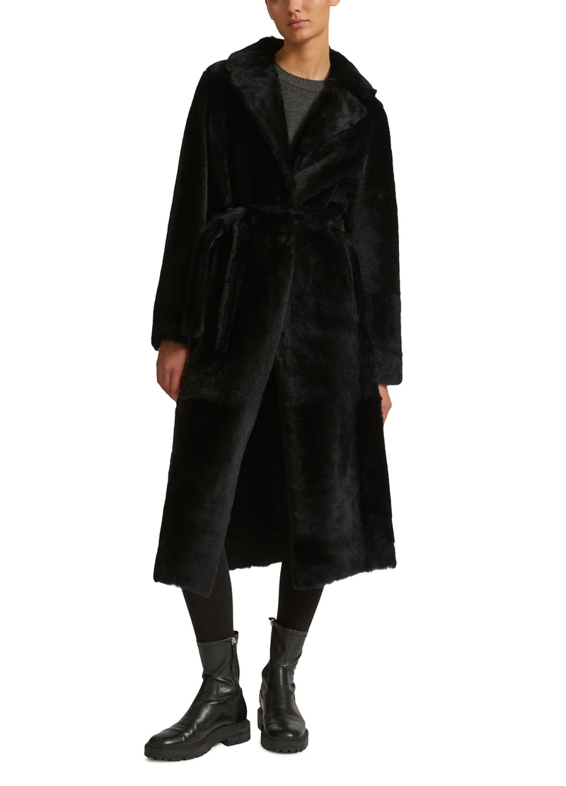 Long reversible belted shearling coat