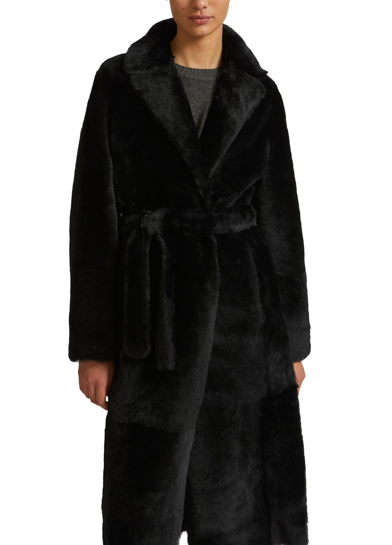 Long reversible belted shearling coat