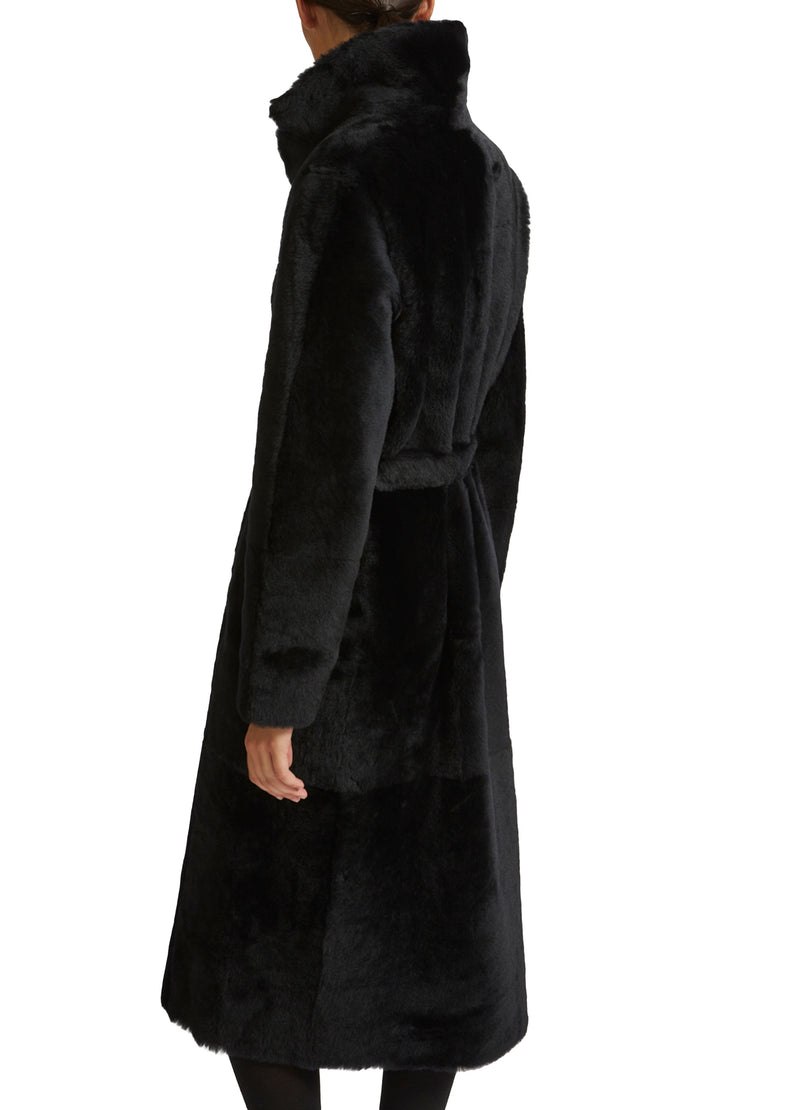 Long reversible belted shearling coat