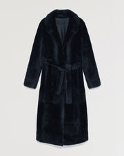 Long reversible belted shearling coat