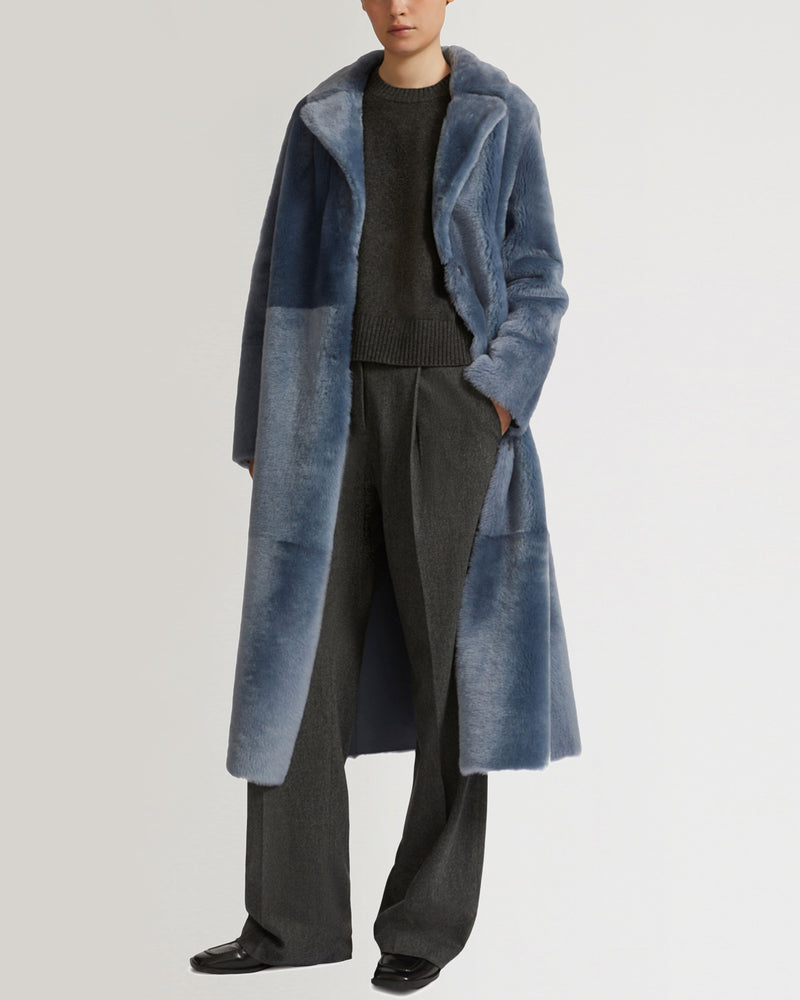 Long reversible belted shearling coat