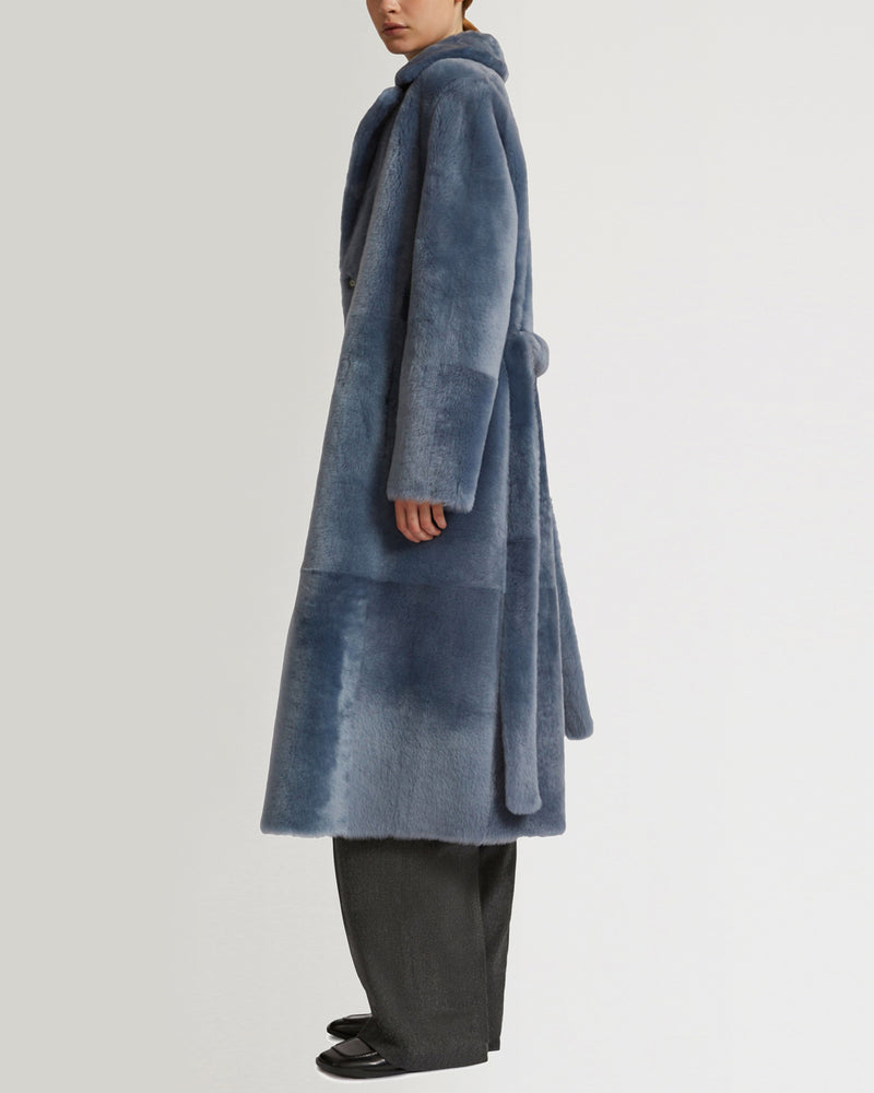 Long reversible belted shearling coat