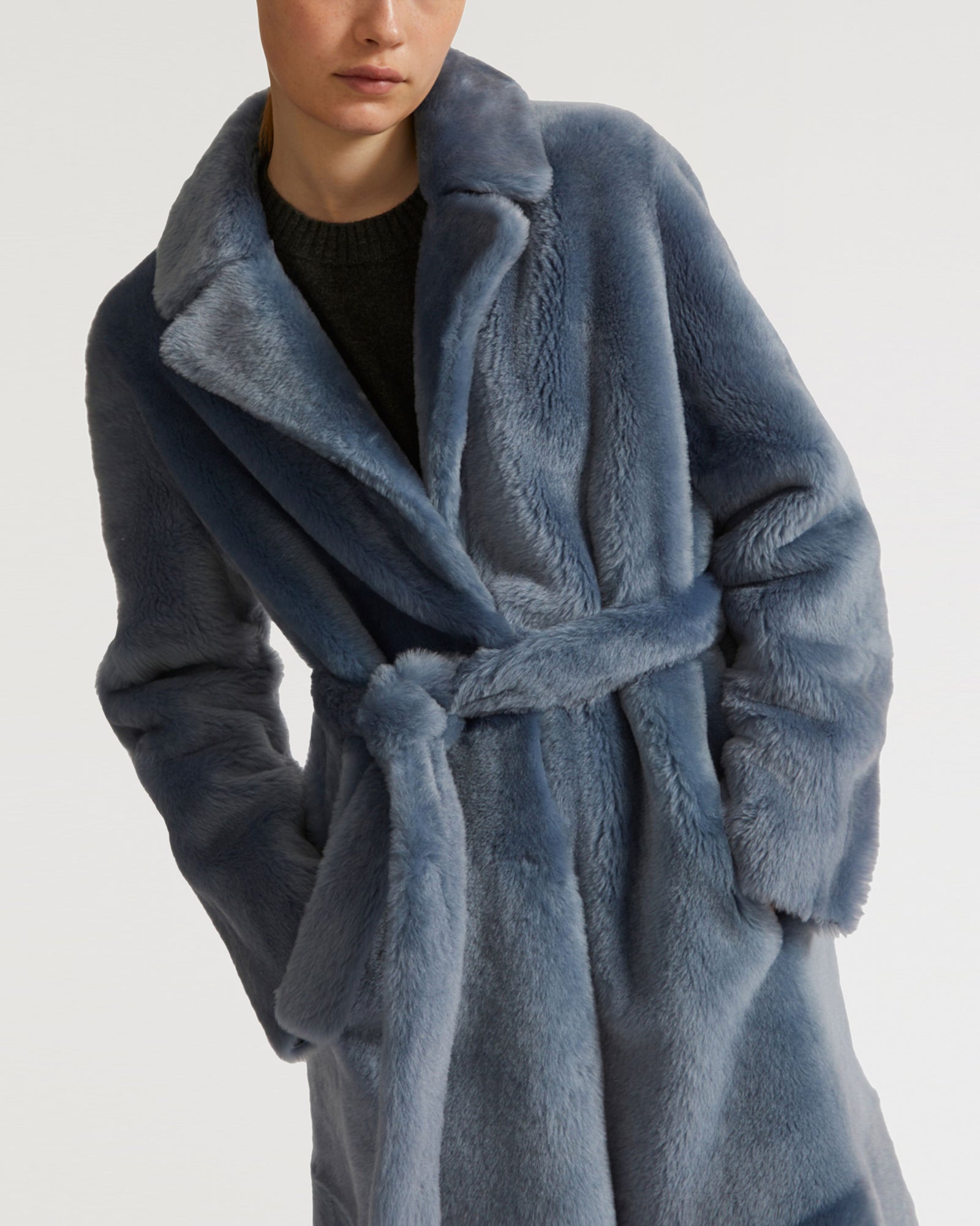 Long reversible belted shearling coat - blue - Yves Salomon