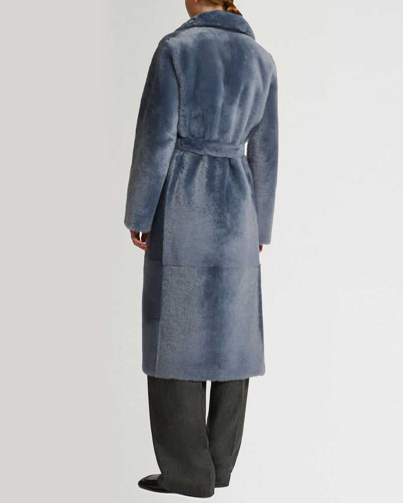 Long reversible belted shearling coat