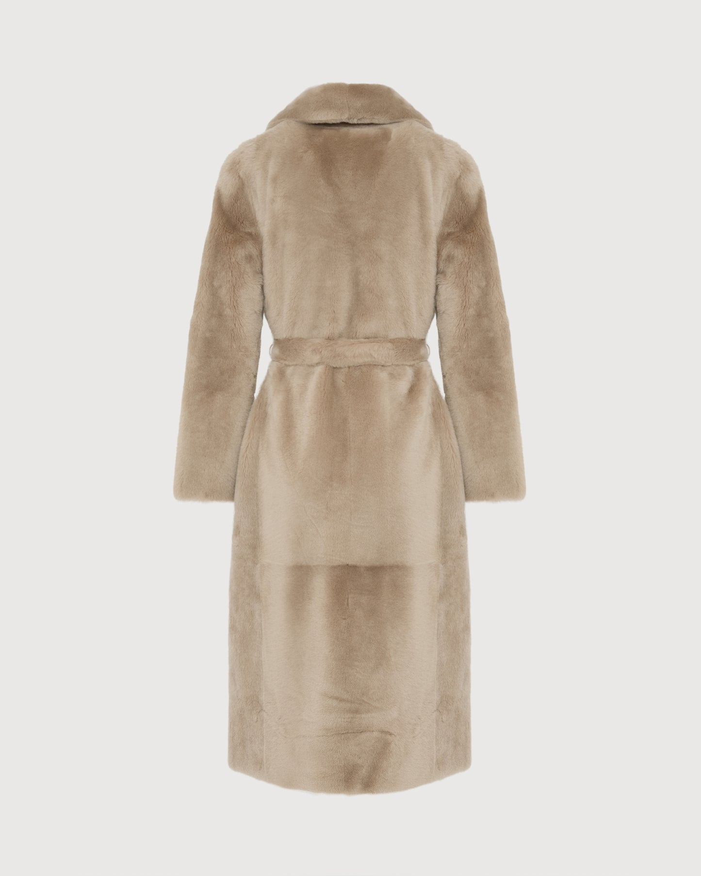 Long reversible belted shearling coat