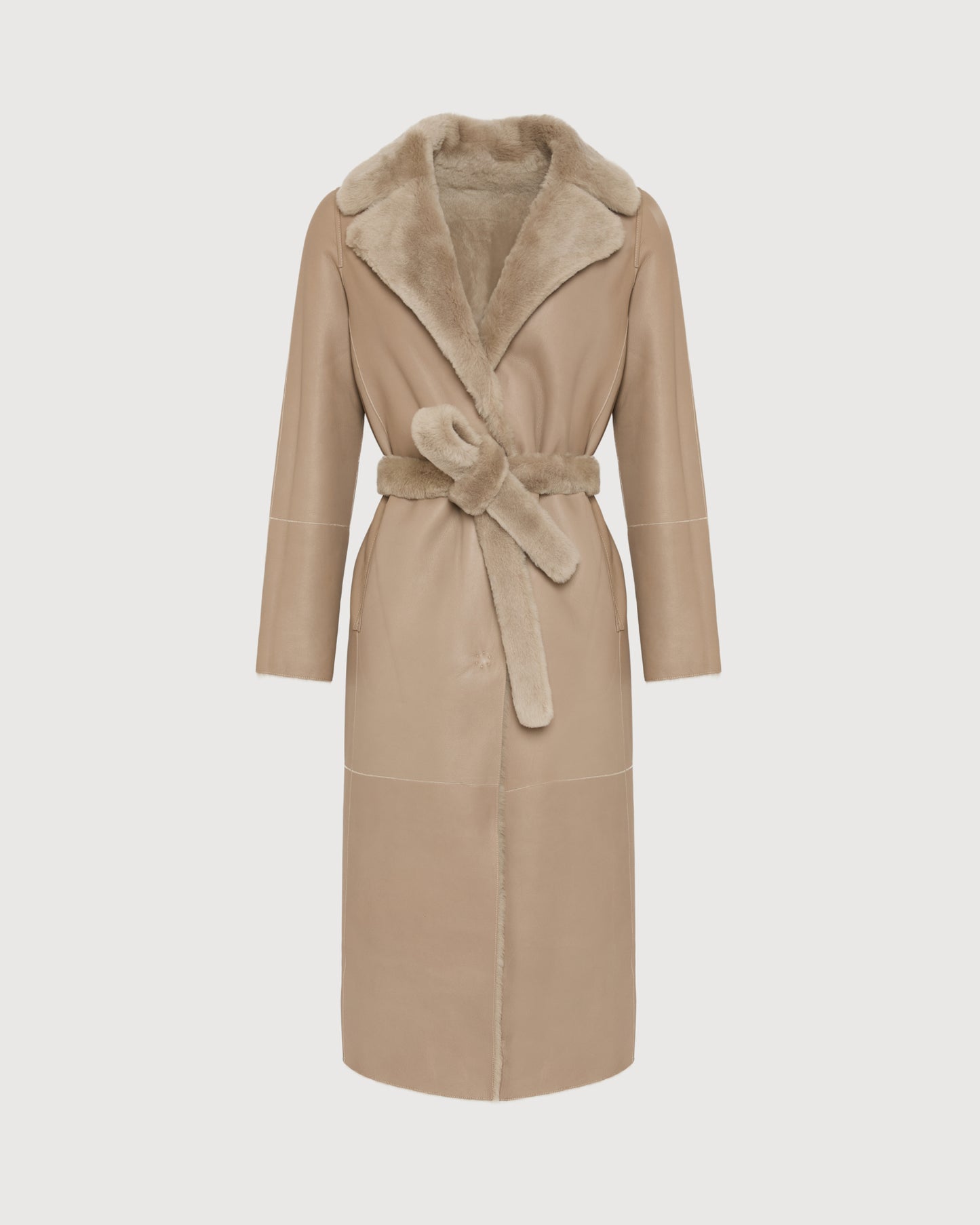 Long reversible belted shearling coat