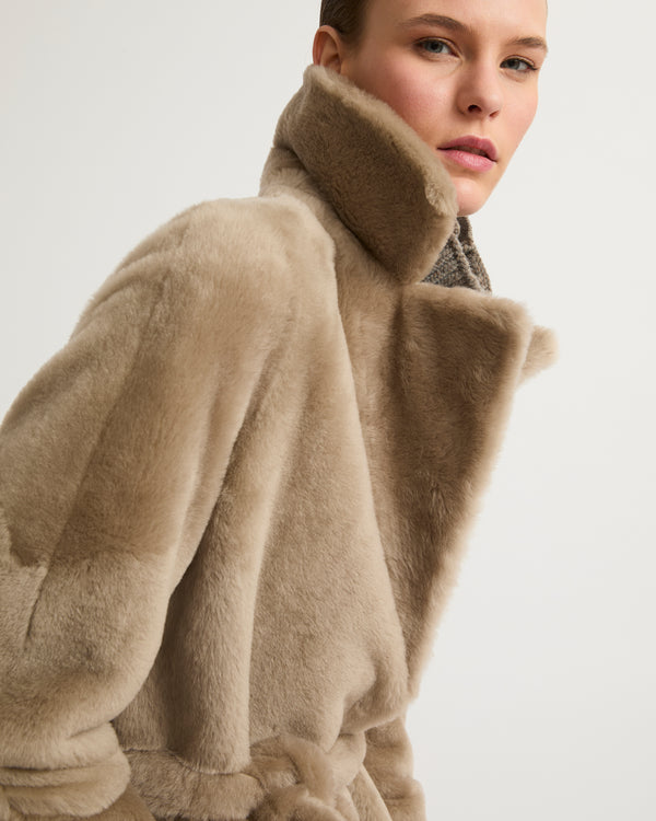 Long reversible belted shearling coat - beige - Yves Salomon