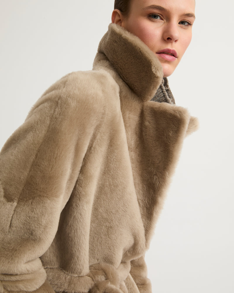 Long reversible belted shearling coat - moon - Yves Salomon