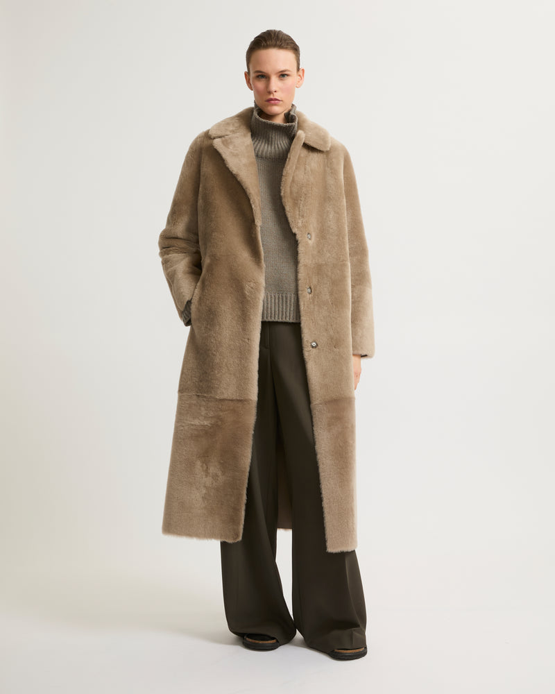 Long reversible belted shearling coat - moon - Yves Salomon