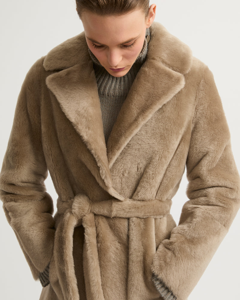 Long reversible belted shearling coat - moon - Yves Salomon