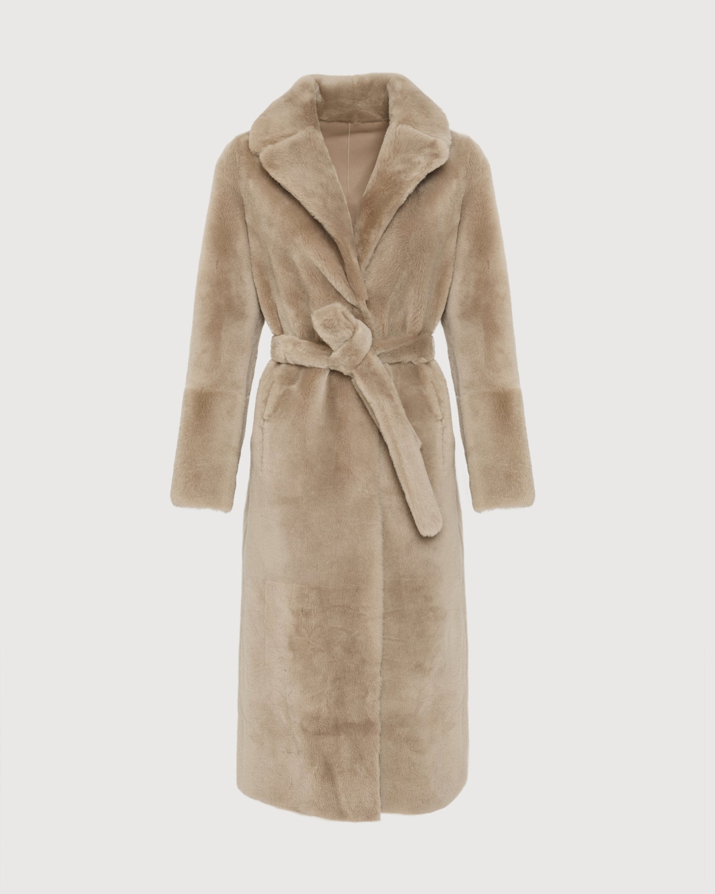 Long reversible belted shearling coat