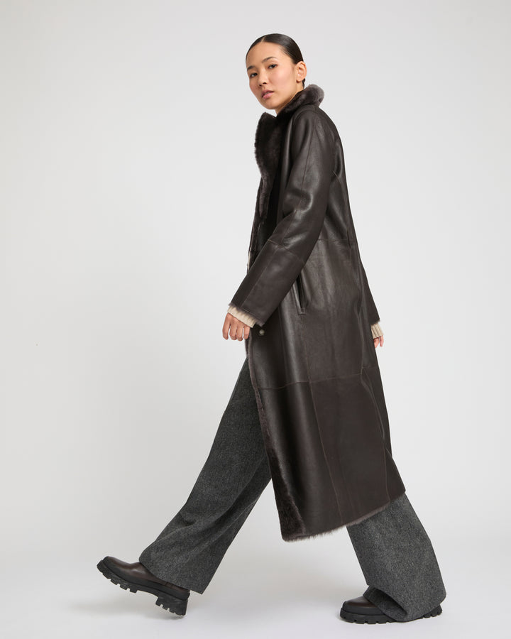 Long reversible belted shearling coat