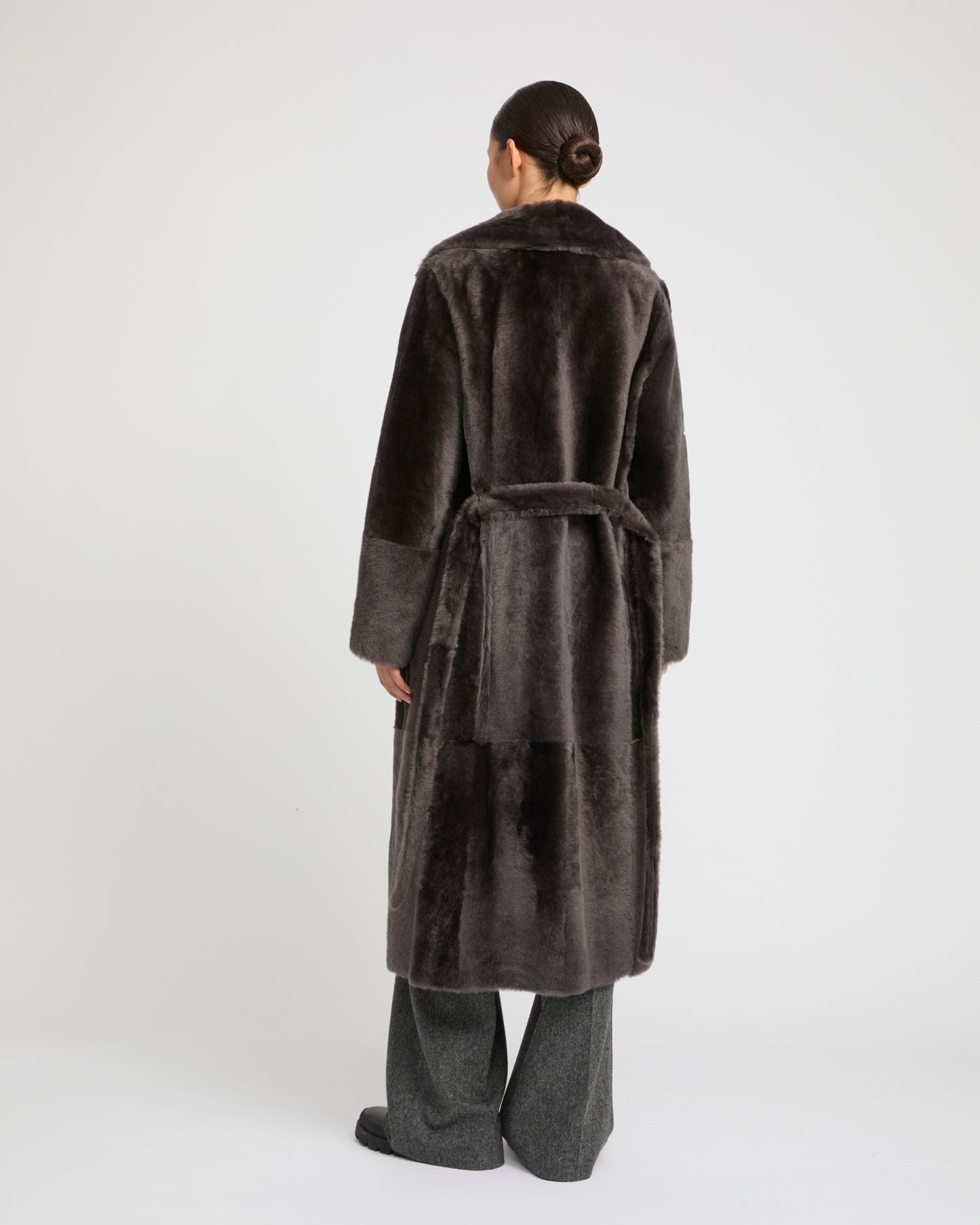 Long reversible belted shearling coat