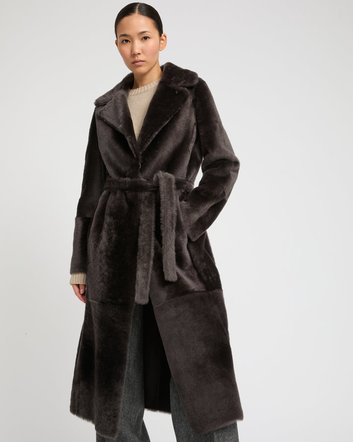 Long reversible belted shearling coat