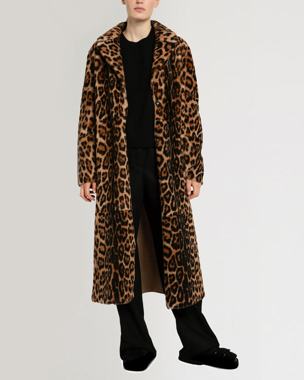 Long reversible belted shearling coat