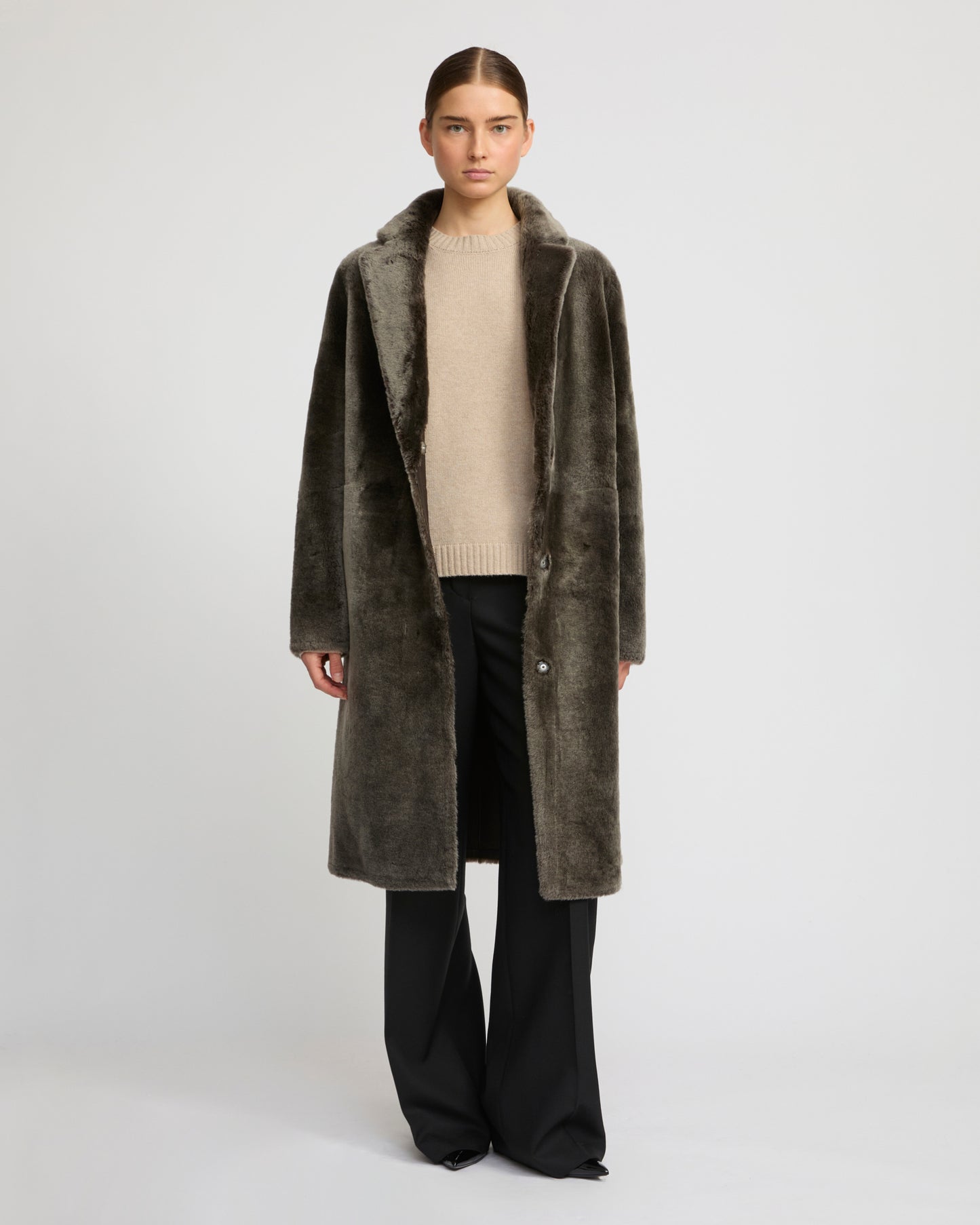 Reversible merino shearling coat