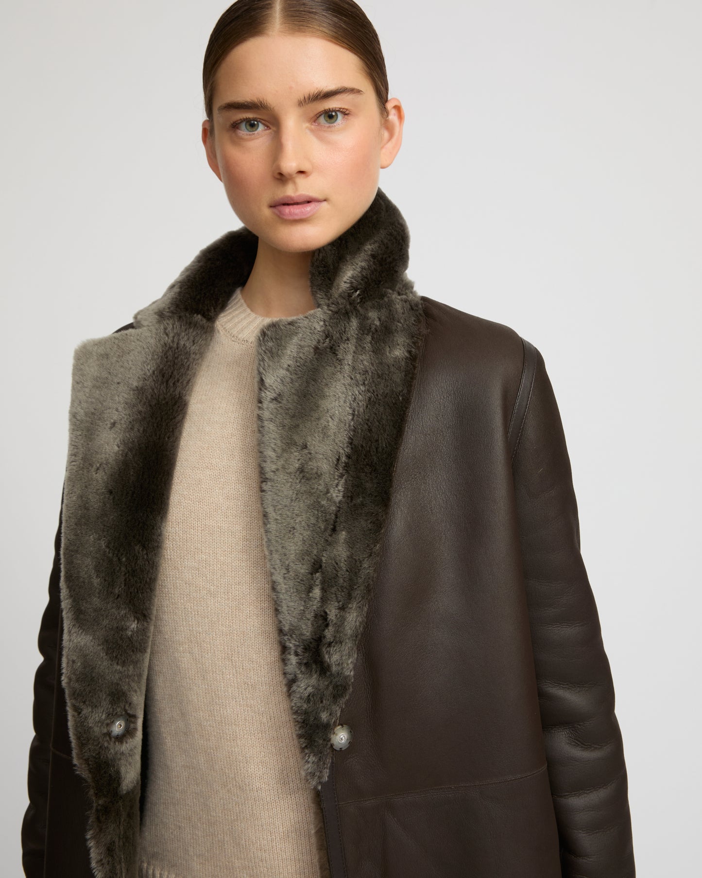 Reversible merino shearling coat